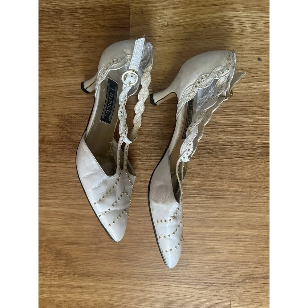 Vintage J. Renee Ivory Leather Pointed Toe Studded Slingback Ankle Strap 8.5